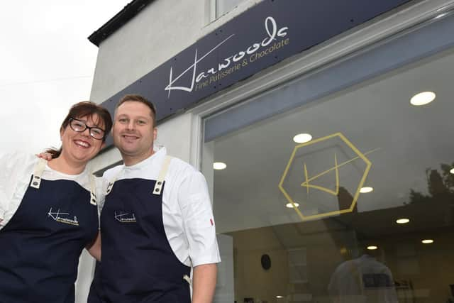 Sarah Frazer and Andrew Harwood outside Harwoods Patisserie