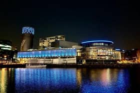 The Lowry lit up in blue in a gesture of thanks to NHS staff (The Lowry/PA)