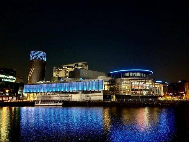 The Lowry lit up in blue in a gesture of thanks to NHS staff (The Lowry/PA)