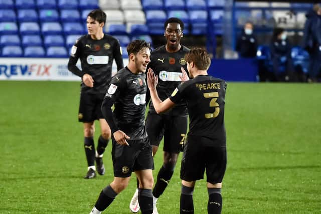 Harry McHugh celebrates his maiden goal at Tranmere