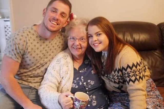 Alex and sister Megan with their gran Mary