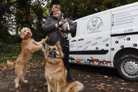 Vicki Jolley with some of the dogs she takes for regular walks