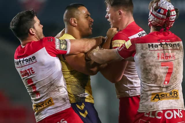 Lachlan Coote holds Willie Isa back from a skirmish in the derby last month