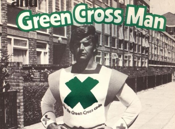 English actor Dave Prowse as the Green Cross Man for a road safety campaign aimed at children promoting 'The Green Cross Code' in the 1970s.