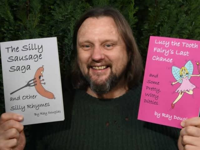 Ray Douglas with his new book and, left, his first novel