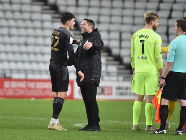 Leam Richardson congratulates matchwinner Kyle Joseph at Sunderland
