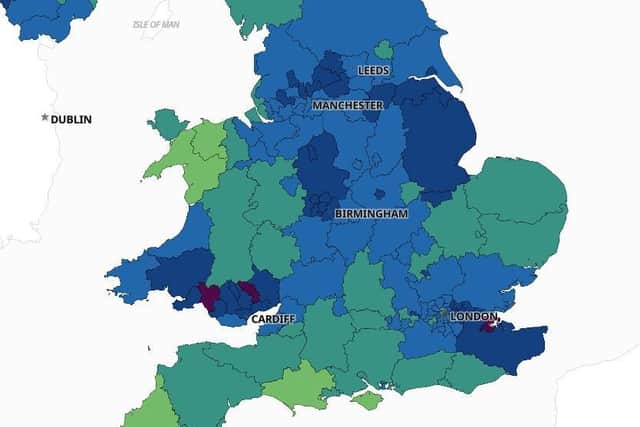 The Government's interactive map shows the latest rolling seven day rates across the UK. Darker colours show the areas with the highest rates.