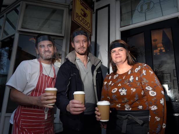 Caffe Rosso owner Will Catlin with staff members Liam Catterall and Nicola Burns