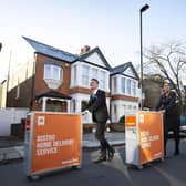 Cabin Crew (left to right) Matteo Lorenzini, Hanna Essemiani and Charlotte Kelson celebrate easyJet's 25th birthday, as the airline launches the world's first inflight trolley service at home