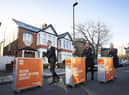 Cabin Crew (left to right) Matteo Lorenzini, Hanna Essemiani and Charlotte Kelson celebrate easyJet's 25th birthday, as the airline launches the world's first inflight trolley service at home