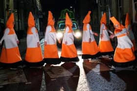 Dancing cones in  Wigan town centre
