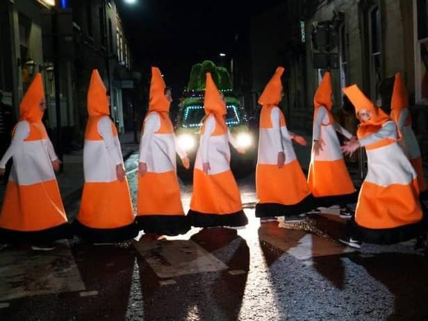 Dancing cones in  Wigan town centre
