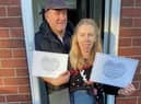 Geoff Seddon and Michelle Farrimond receive awards recognising their efforts volunteering with Hindley and Hindley Green Community Action Group