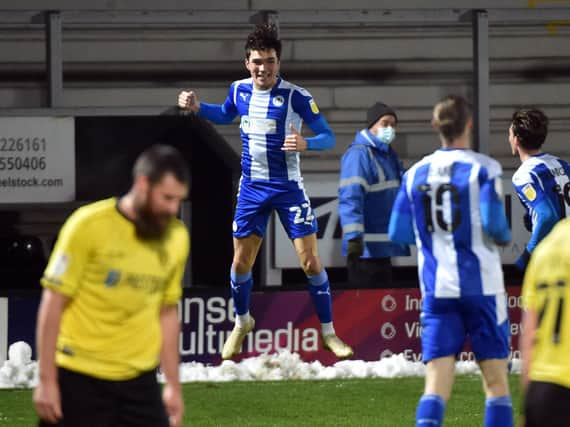 Kyle Joseph celebrates his first goal at Burton