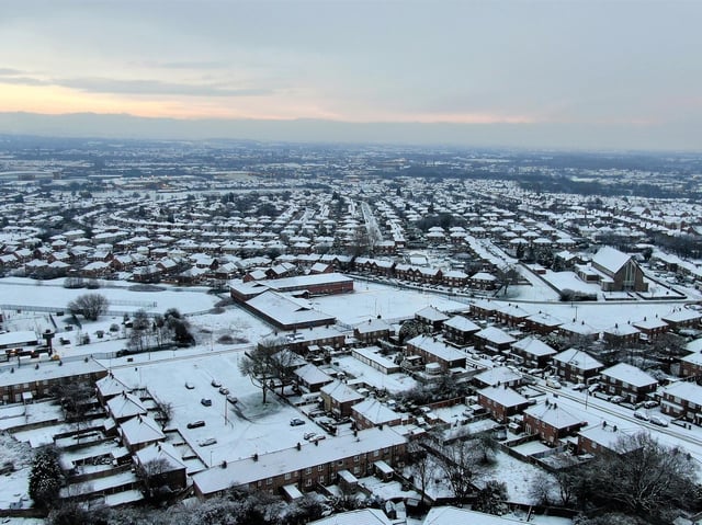 A snowy Wigan, captured by drone, courtesy of Brian King
