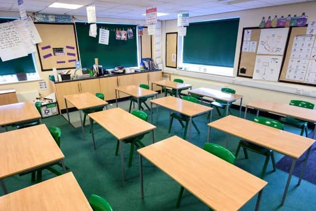 A classroom is set out with socially distanced seating for year 6 pupils but remains empty due to lack of pupils returning in that year group in June (Picture: Oli Scarff/AFP via Getty Images)