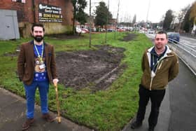 Coun Watson and Hodgkinson, right, near one of the land subsidence points on Mealhouse Lane