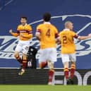 Callum Lang celebrates scoring against Rangers at Ibrox last month