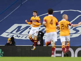 Callum Lang celebrates scoring against Rangers at Ibrox last month