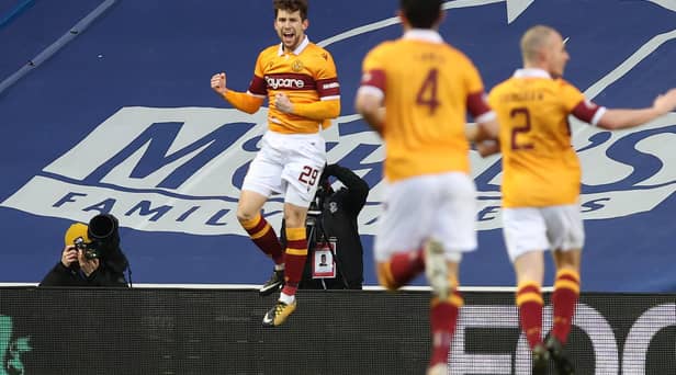 Callum Lang celebrates scoring against Rangers at Ibrox last month