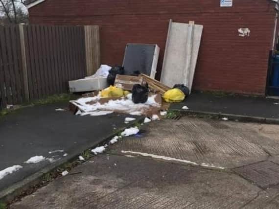The fly-tipped mess on “Poet’s Corner”, off Spa Road, Atherton