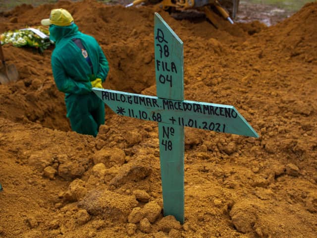 View of a cross at a COVID-19 victim's grave at the Nossa Senhora Aparecida cemetery in Manaus, Amazonas state, Brazil