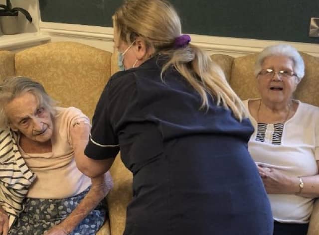 Winnie Shaw and Marion Darbyshire get their jabs