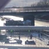 The damaged tanker underneath the bridge
