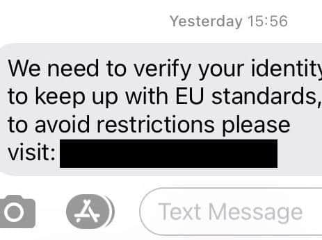 The message states recipients must verify their identity to “keep up with EU standards”