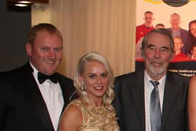 Cyril Leigh with Jenny Meadows and her husband, Trevor Painter, at the Wigan Harriers 50th anniversary dinner in 2013