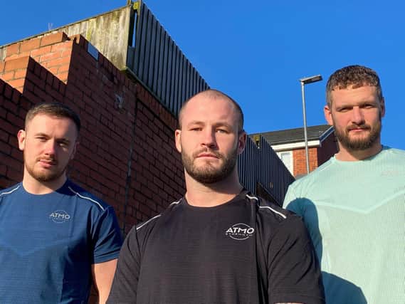 Ben Currie, Zak Hardaker and Sean O'Loughlin wearing Atmo Strength tops