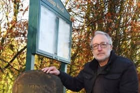 Jim Meehan with the marker stone at Elnup Wood