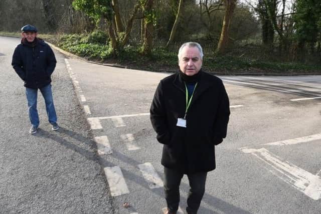 Coun Jim Talbot, left, and Coun Paul Blay, right, on Hindley Mill Lane and Danes Avenue, Hindley, near entrance to Borsdane Woods