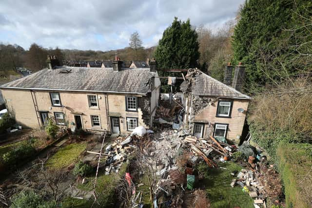 The scene in Ramsbottom, Bury, Greater Manchester, where the body of a woman has been found after a house collapsed on Wednesday evening