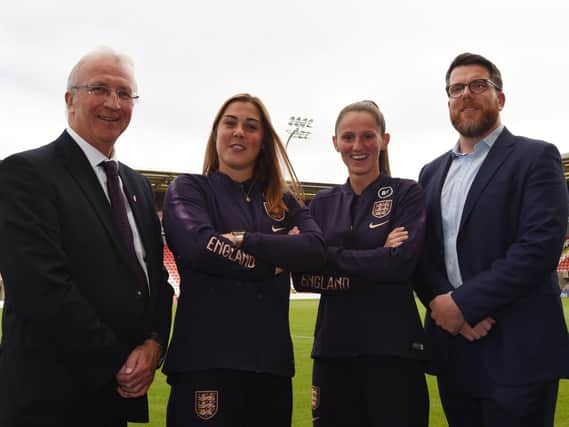 Coun David Molyneux, Mary Earps and Abbie McManus and Chris Bryant