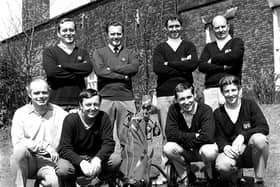 Competitors line up to tee off for the start of the Churchman's Golf Tournament at Hindley Hall golf club in 1971