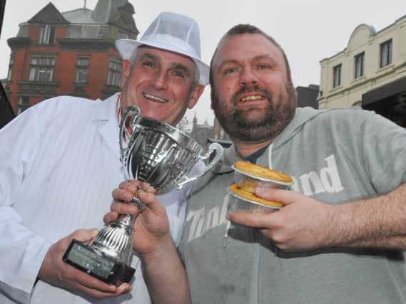 Tony Callaghan (left) with former World Pie-Eating champ Martin Appleton-Clare