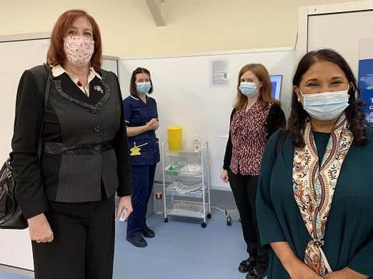Yvonne Fovargue MP (left) meets staff at the vaccination centre