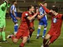 Scott Wootton celebrates scoring the winning goal at Bristol Rovers