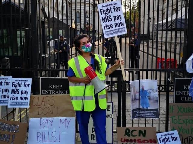 Intensive care nurse and Unite union rep Ameera Sheikh outside Downing Street