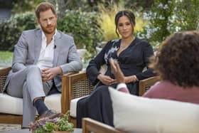 Handout photo supplied by Harpo Productions showing the Duke and Duchess of Sussex during their interview with Oprah Winfrey which was broadcast in the US on March 7. Issue date: Monday March 8, 2021.
