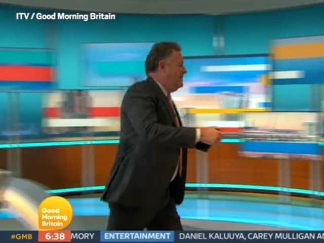 Video grab taken from ITV of presenter Piers Morgan walking off set during a Good Morning Britain discussion about the Duchess of Sussex with his colleague, Alex Beresford, the morning after the UK broadcast of the Duke and Duchess of Sussex interview with Oprah Winfrey. Picture credit: ITV