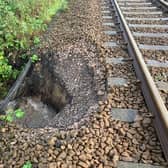 Landslip damage at Burscough, caused by flooding, A survey is to begin in May 2021 in a bid to discover why the rail line and the town, in West Lancashire, are so badly affected by flooding. Picture courtesy Network Rail