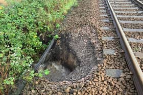 Landslip damage at Burscough, caused by flooding, A survey is to begin in May 2021 in a bid to discover why the rail line and the town, in West Lancashire, are so badly affected by flooding. Picture courtesy Network Rail