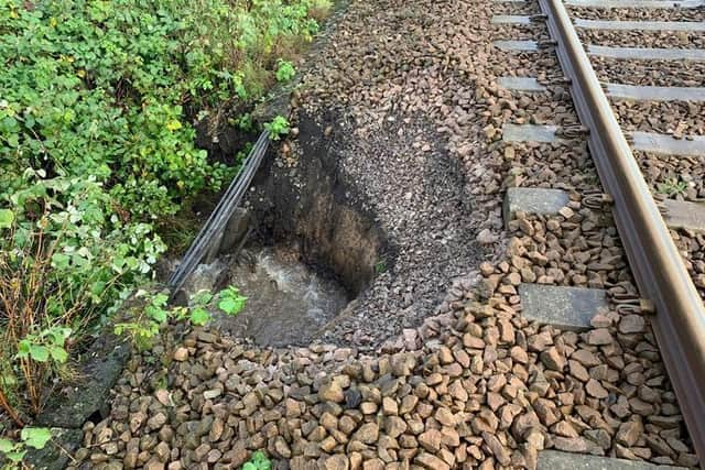 Landslip damage at Burscough, caused by flooding, A survey is to begin in May 2021 in a bid to discover why the rail line and the town, in West Lancashire, are so badly affected by flooding. Picture courtesy Network Rail