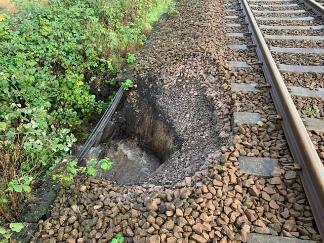Landslip damage at Burscough, caused by flooding, A survey is to begin in May 2021 in a bid to discover why the rail line and the town, in West Lancashire, are so badly affected by flooding. Picture courtesy Network Rail