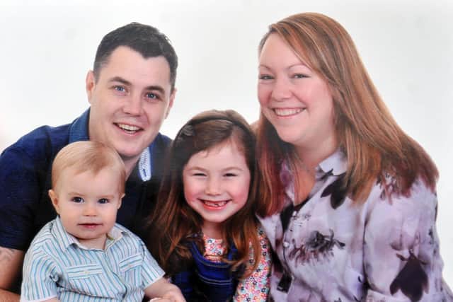Chris Cowley, who died of sarcoma in 2017 aged 35, with his wife and children