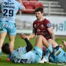 John Bateman celebrates his first try since returning to Wigan