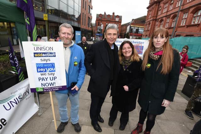 Addaction worker Paul Almond, unison general secretary Dave Prentis, Wigan Metro Unison branch secretary Kay Winnard and Angela Rayner MP shadow secretary of state education - pictured outside Wigan Life Centre