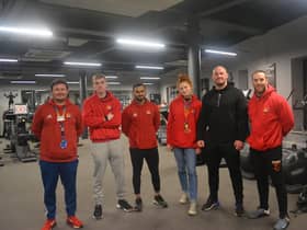 Jamie Acton and the Wigan Youth Zone sports team undergoing a Banish induction prior to the training sessions. (L-R) Dave Philp (Head of Sports at WYZ), Tom Fairhurst (PT at WYZ), Piyush Pandey (PT at WYZ), Emily Tait (PT at WYZ), Jamie Acton (Banish founder) and Eric Andrews (PT at WYZ).